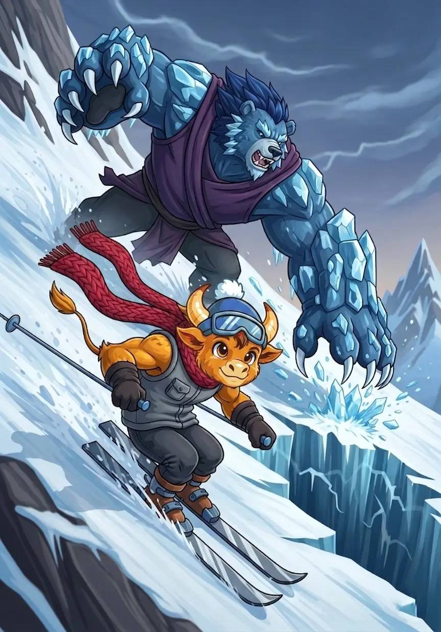 Bullski the bull mascot in ski gear, $BULLSKI meme coin presale hero
