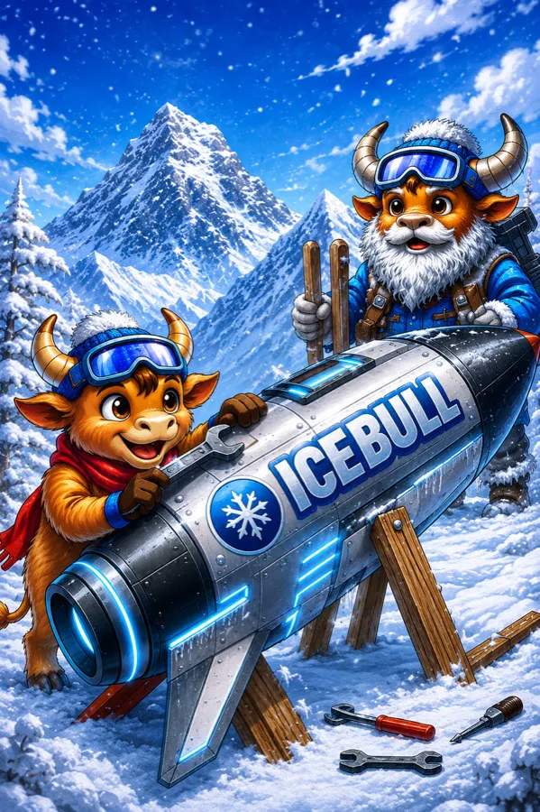 IceBull mascot climbing toward the summit